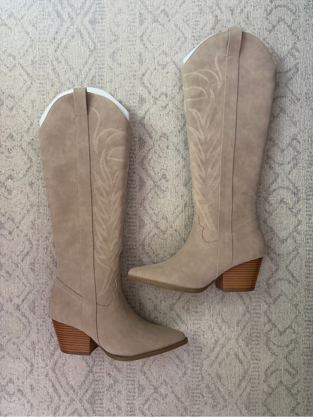 Giddy-Up Glamour Taupe Suede-Look Western Knee-High Boots with Stacked Heel